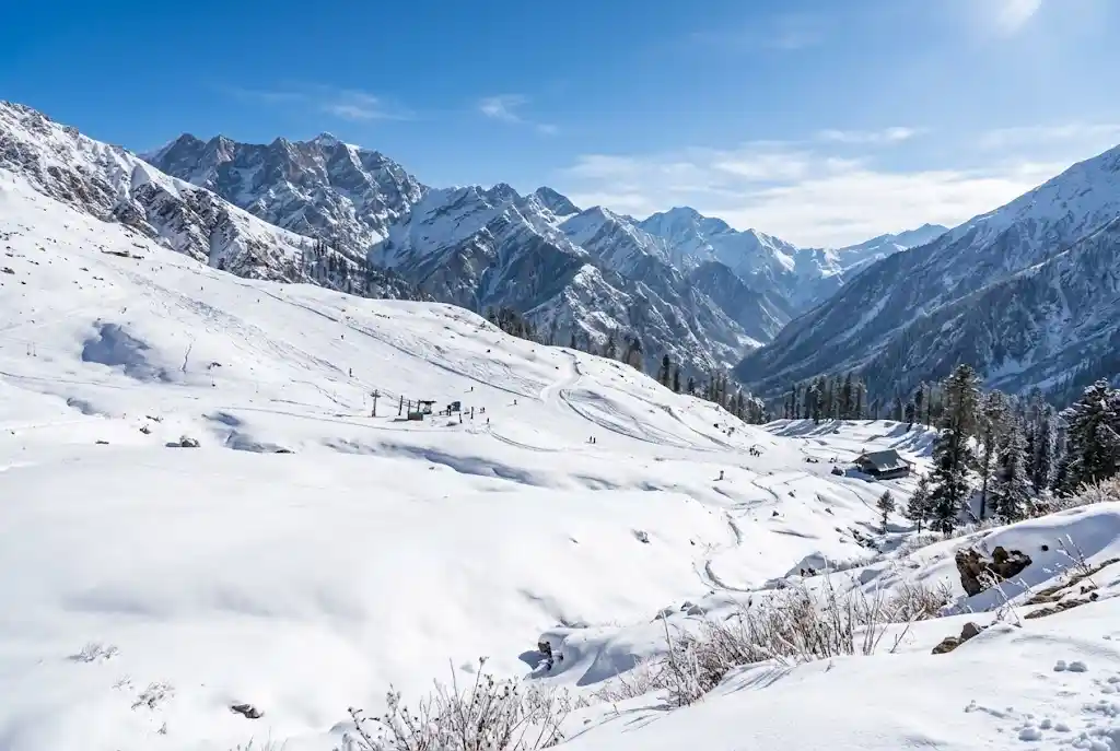 Solang Valley covered in deep snow during Manali in February