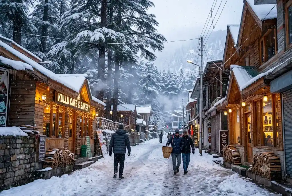 Snow-covered street and pine trees in Manali in January weather and snowfall