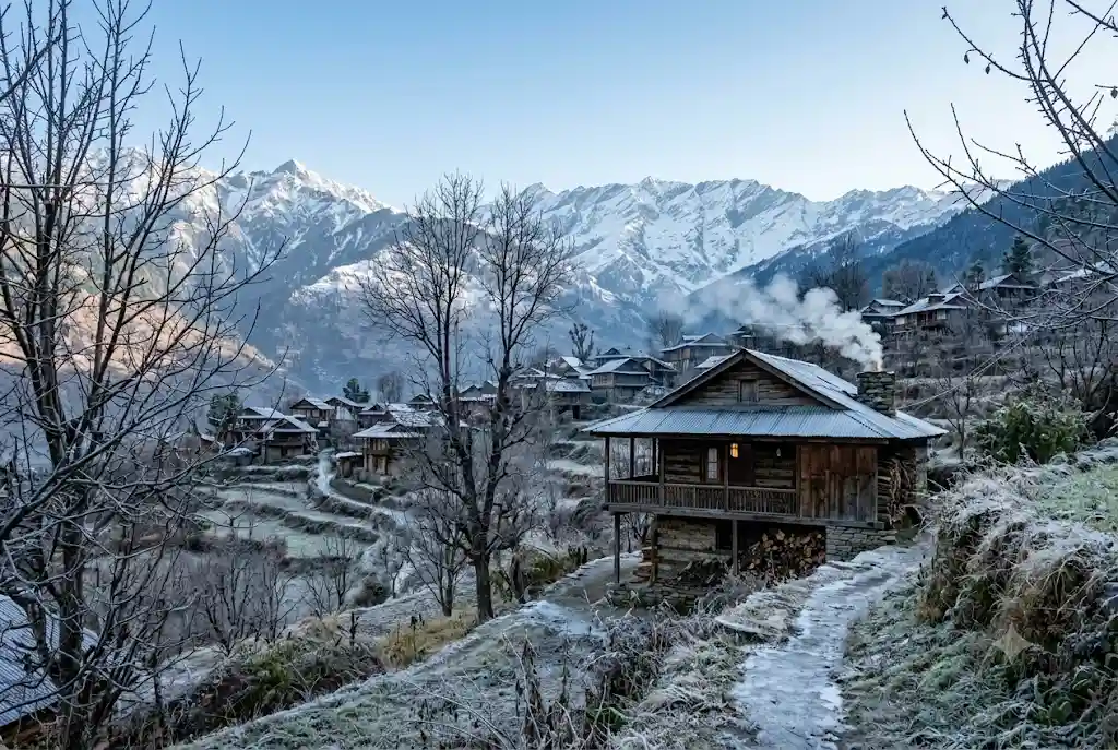 Frosty morning and early snow on peaks in Manali in November