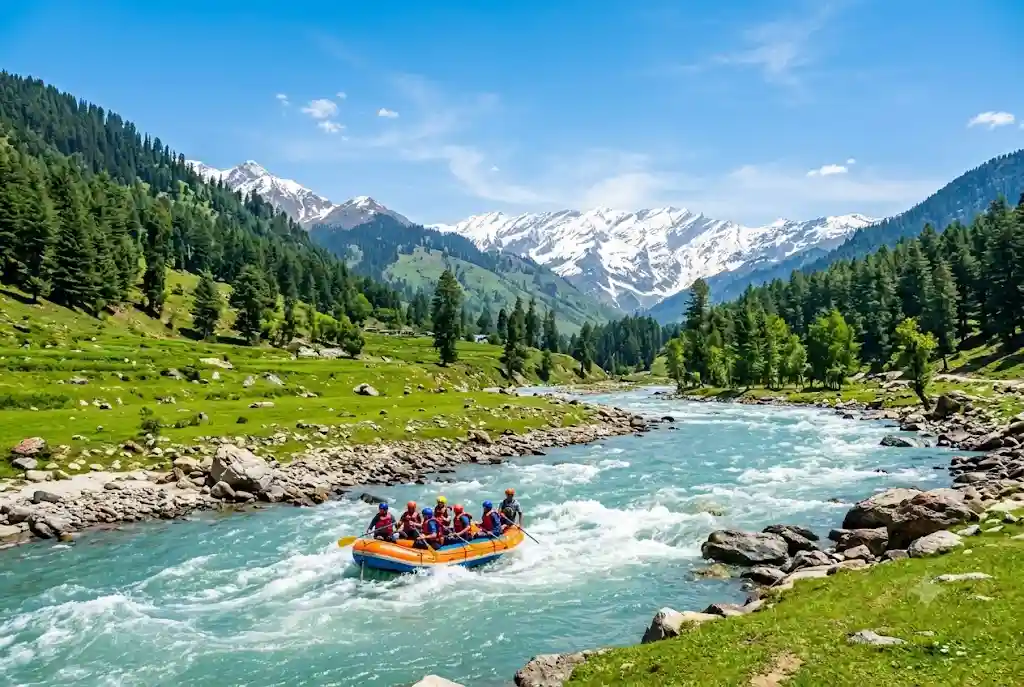 Green valley and Beas river rafting in Manali in summer weather