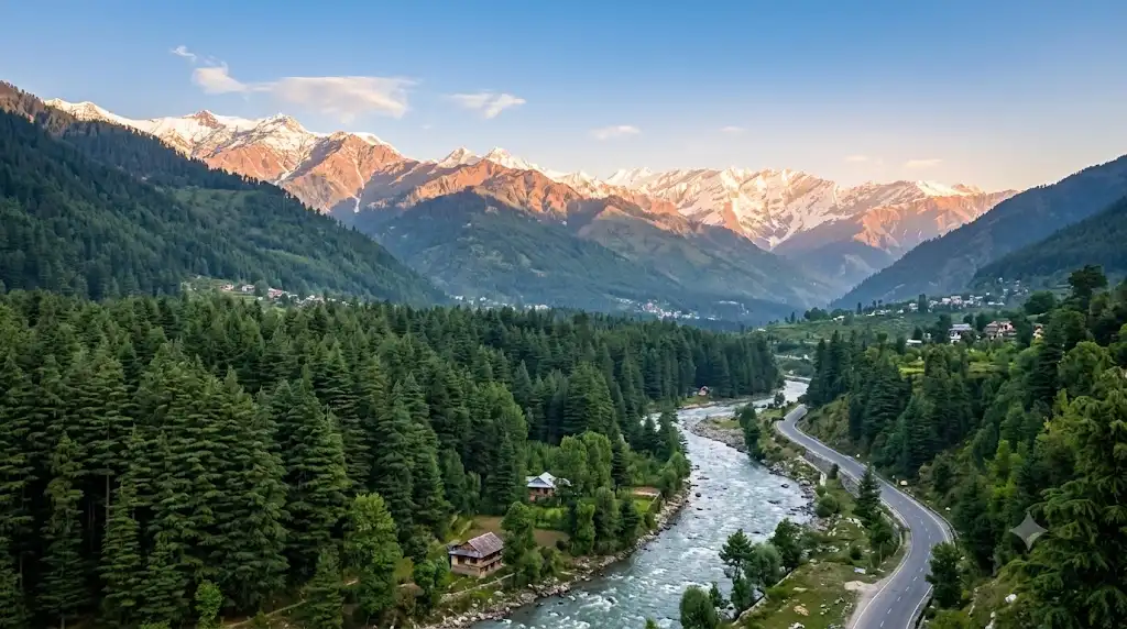 Manali itinerary planning view of snow-capped peaks and the Beas valley at sunrise