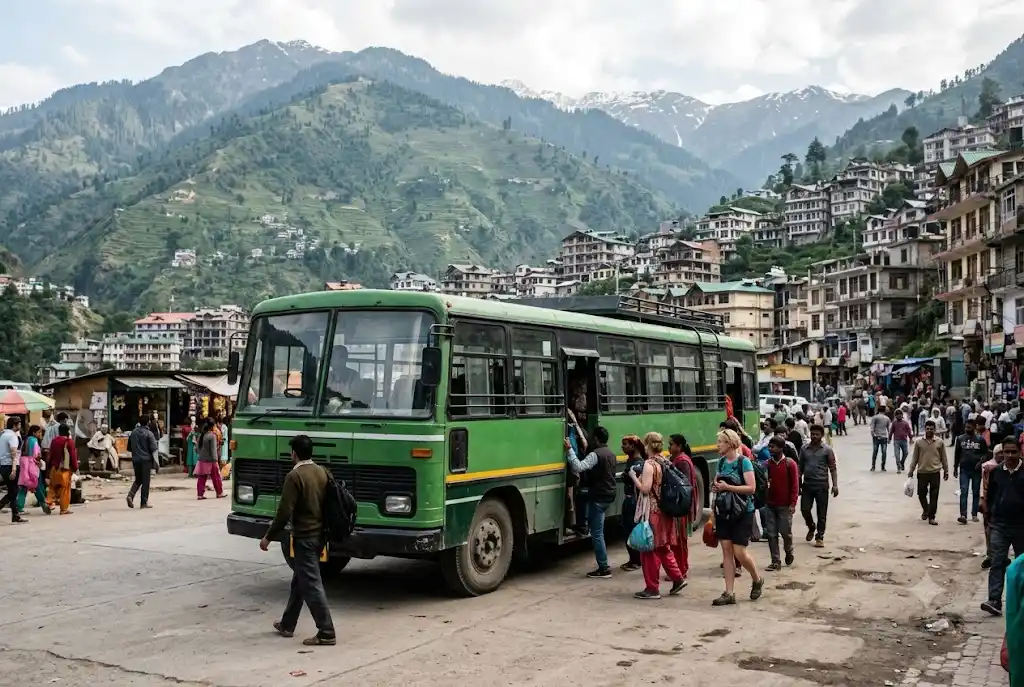 Local bus at the Manali bus stand carrying passengers towards Solang Valley and Kullu