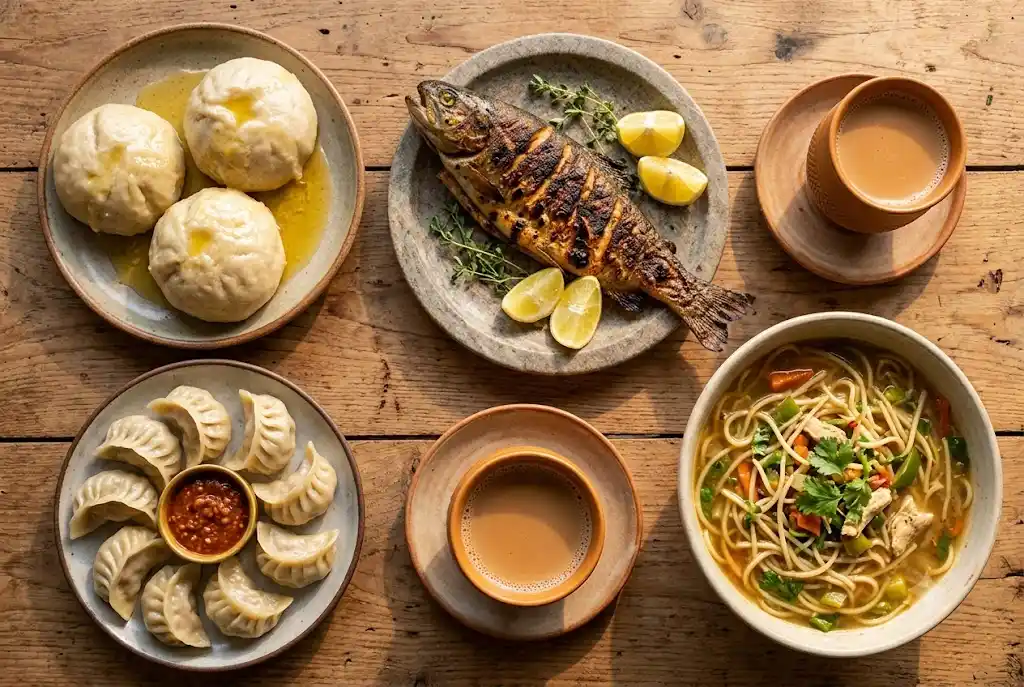 Local Manali food including siddu, trout, momos and thukpa
