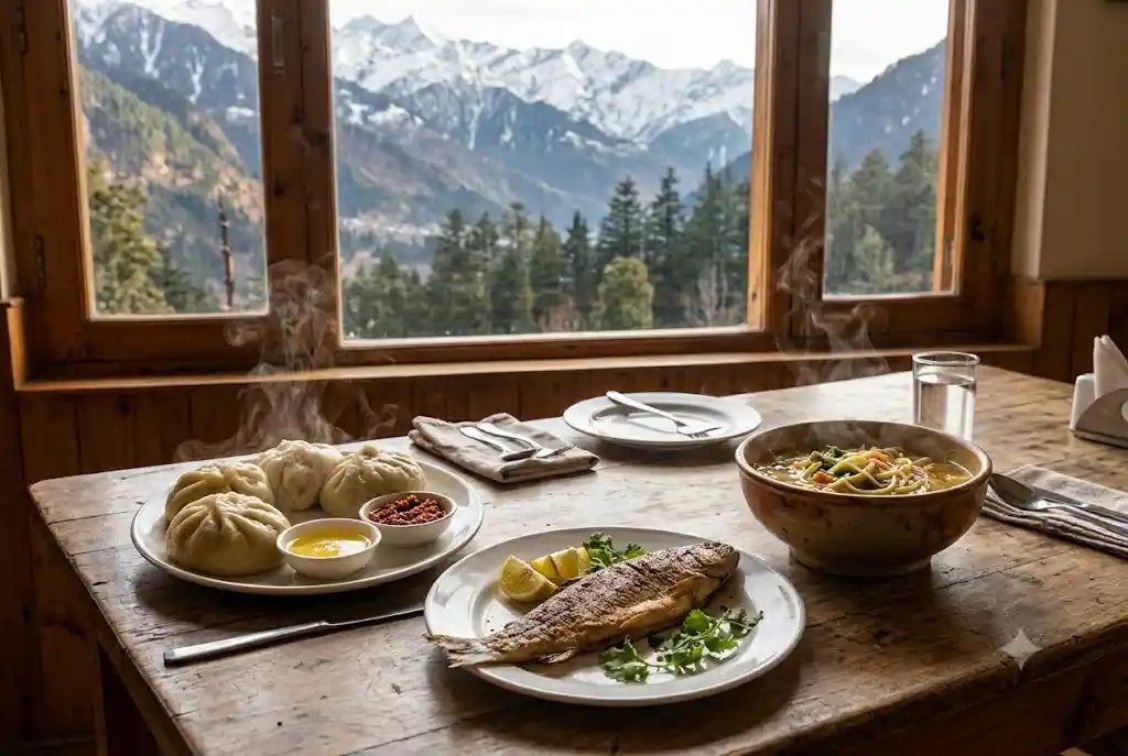Siddu with ghee and fried trout, local food to try in Manali after trekking