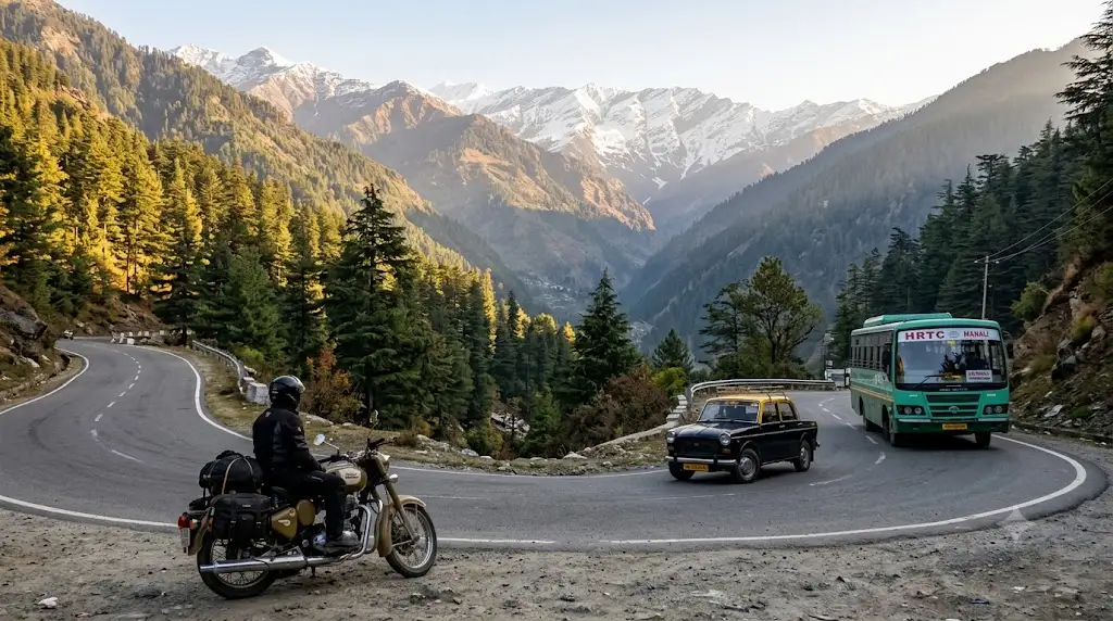Taxi, rented bike and local bus on a mountain road showing Manali local transport options
