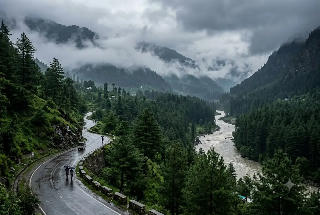 Misty green Manali valley during monsoon season