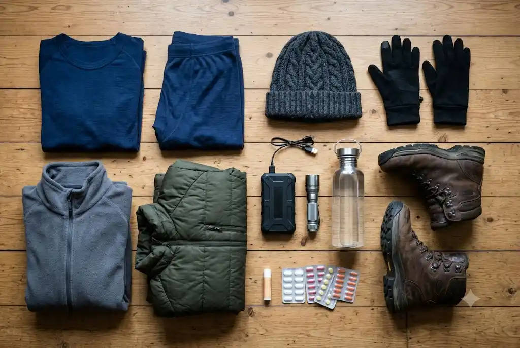 Manali packing list flat lay with thermals, jacket, boots, power bank and torch