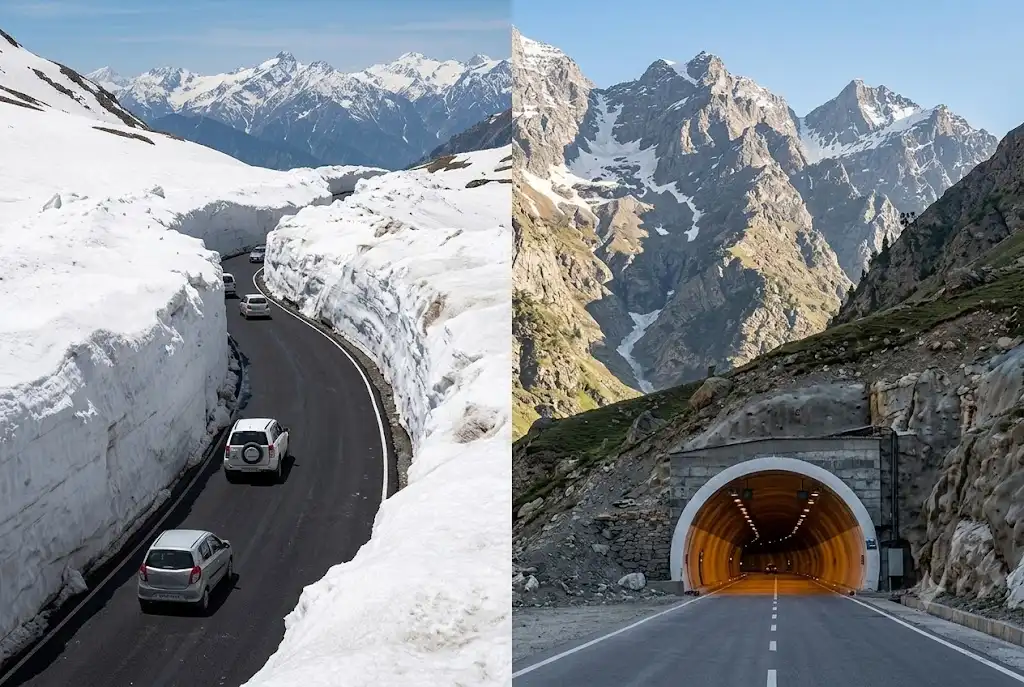 Comparison of Rohtang Pass road and Atal Tunnel entrance for a Manali itinerary