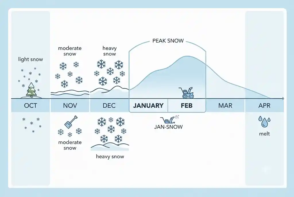 Manali snow season chart showing snowfall by month from October to April
