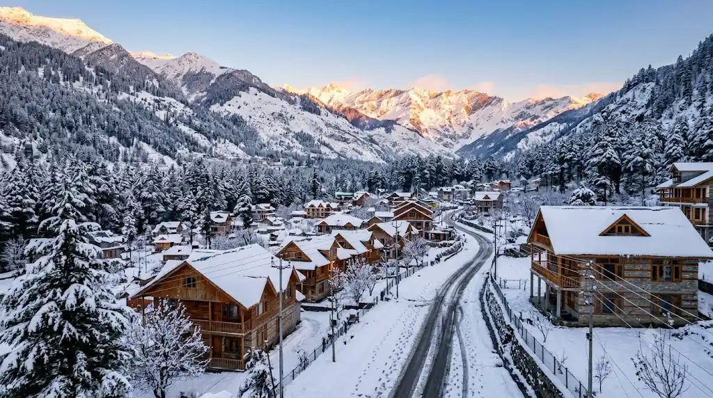 Manali snowfall covering pine trees and wooden houses at sunrise