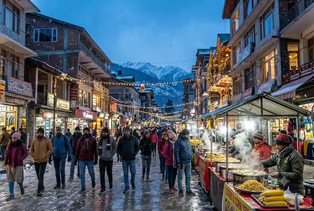 Tourists on a lit-up Mall Road during Manali snowfall in December
