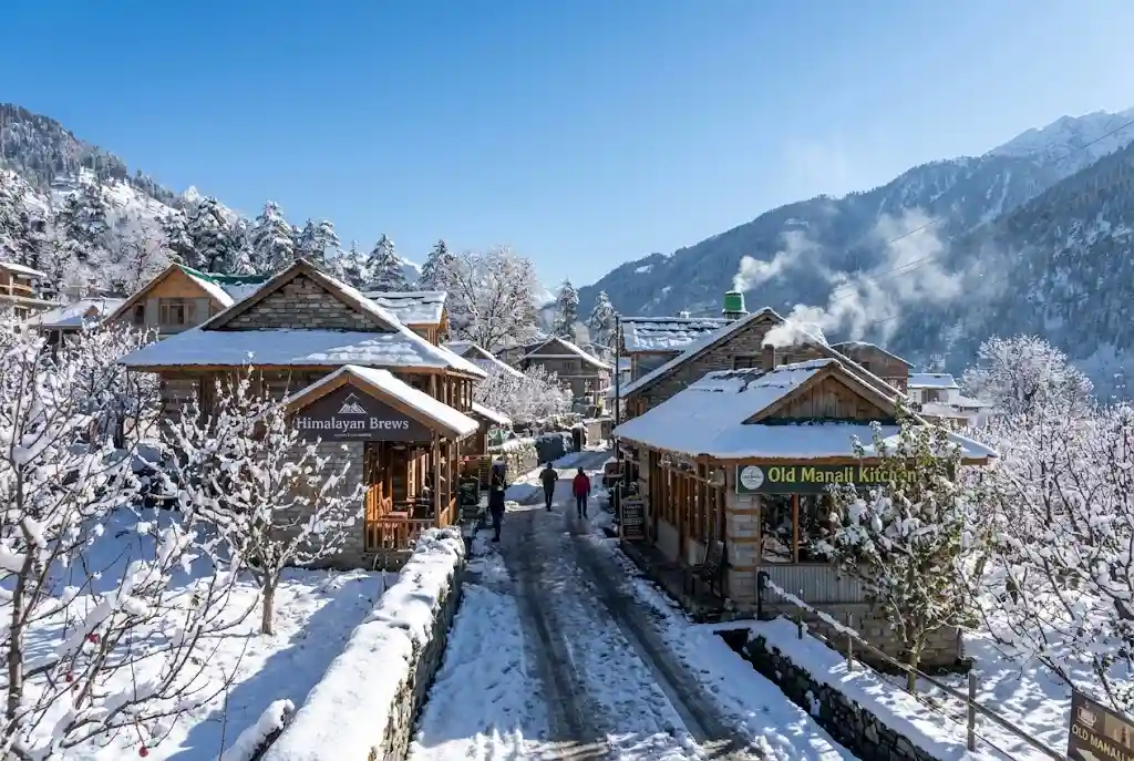 Quiet snow-covered Old Manali on a sunny February morning