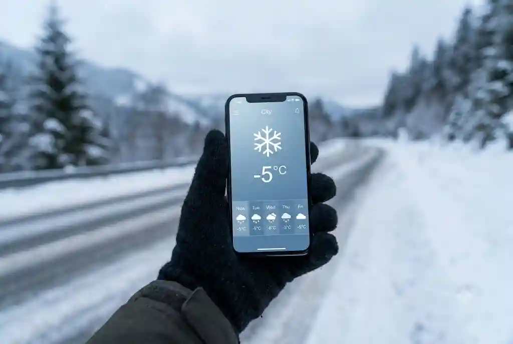 Traveler checking a Manali snowfall prediction on a phone before a snow trip