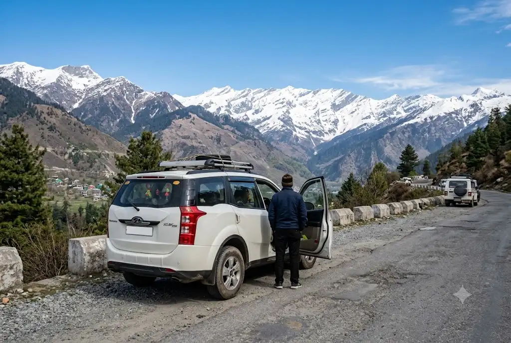Taxi parked at a viewpoint near Solang Valley, illustrating Manali sightseeing taxi rates