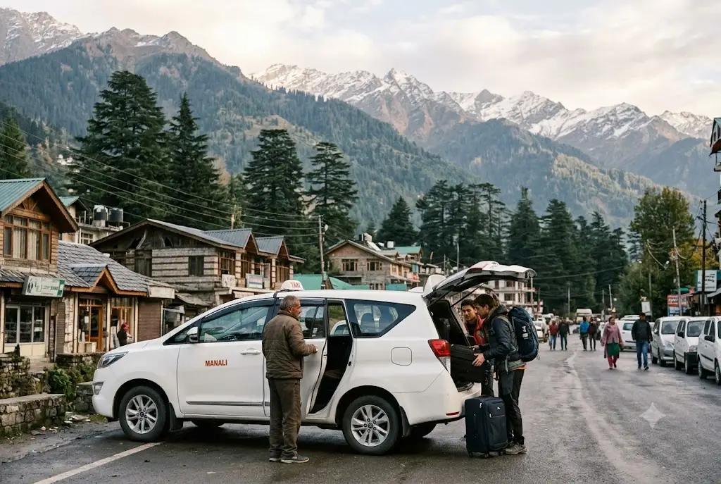 Tourist taxi waiting near Mall Road in Manali for local sightseeing