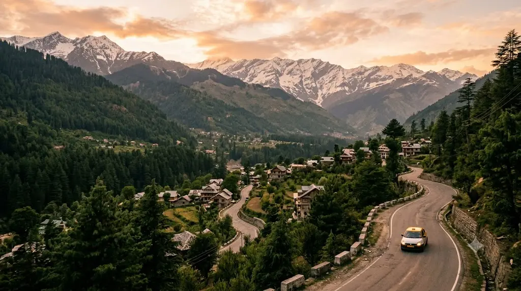 Scenic Manali valley with snow-capped peaks and a winding road, showing a budget guide for Manali trip cost
