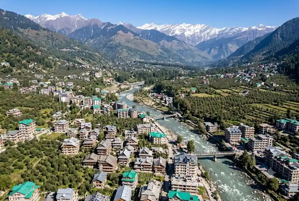 Aerial view of Manali town and Kullu valley in Himachal Pradesh