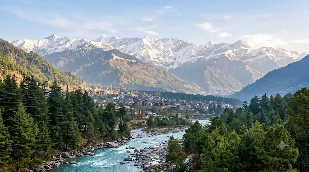 Snow-capped mountains and Beas river in Manali valley showing Manali weather through the year