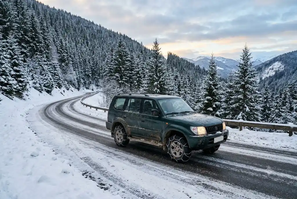 SUV with snow chains on a snowy mountain road near Manali