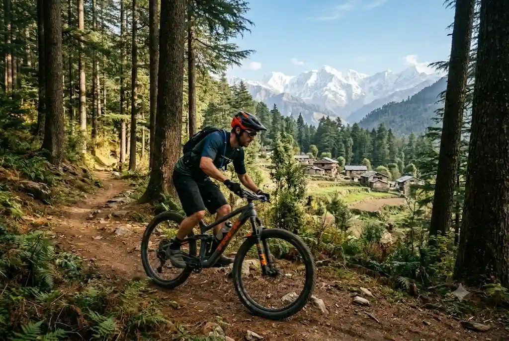 Cyclist on a mountain biking trail near Naggar for cycling in Manali