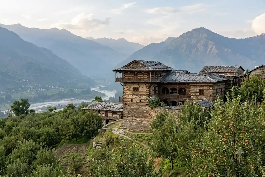 Naggar orchards and old fort in Kullu valley, a calm stop in a 5 day Manali itinerary