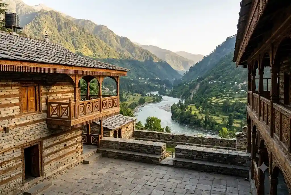 Naggar Castle near Manali stone and wood courtyard overlooking Kullu valley
