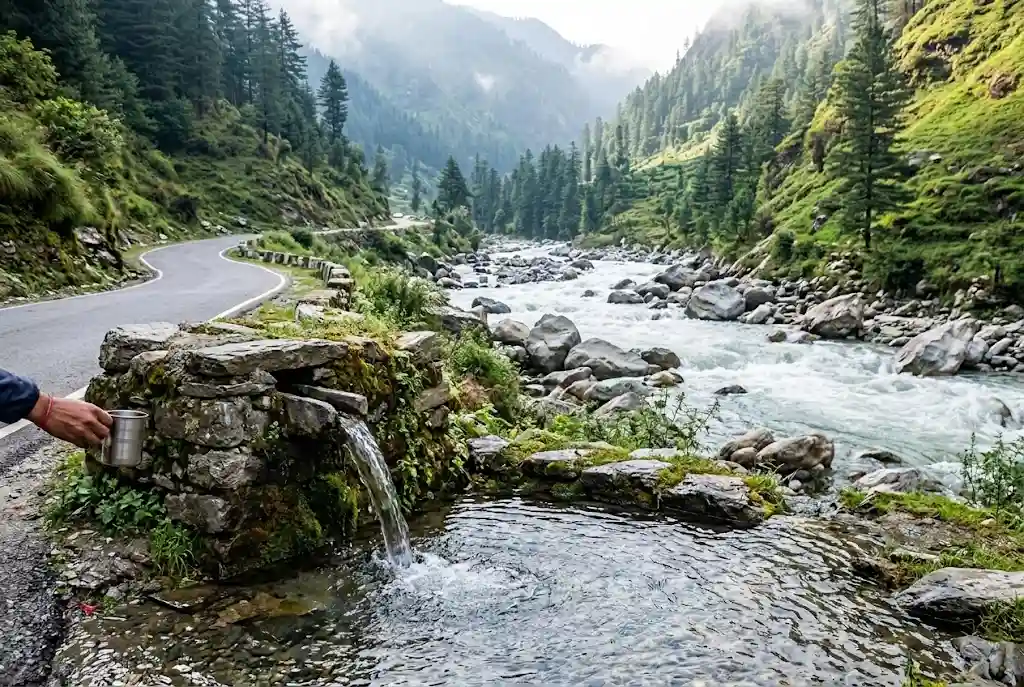 Nehru Kund spring and Beas river flowing beside the Manali Rohtang road