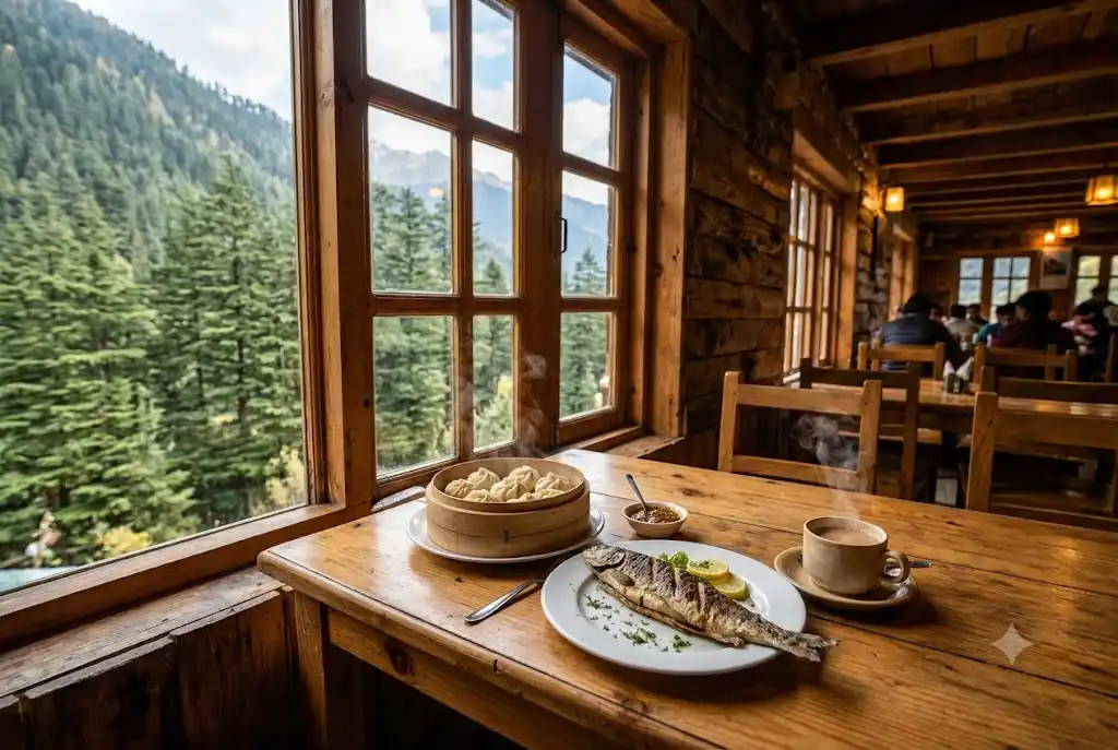 Hot momos, coffee and trout at a cozy café in Old Manali