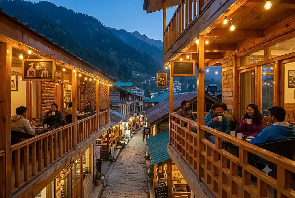 Cozy cafe lane in Old Manali at evening with string lights and hill views