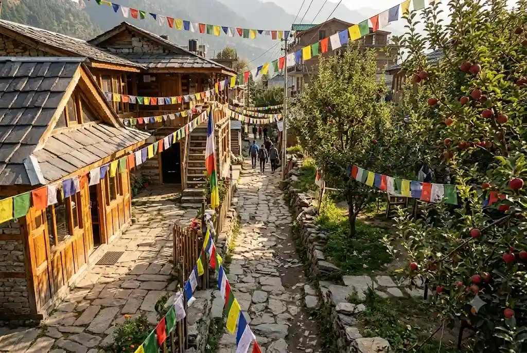 Old Manali places to visit: cafe lane with apple trees and mountain view