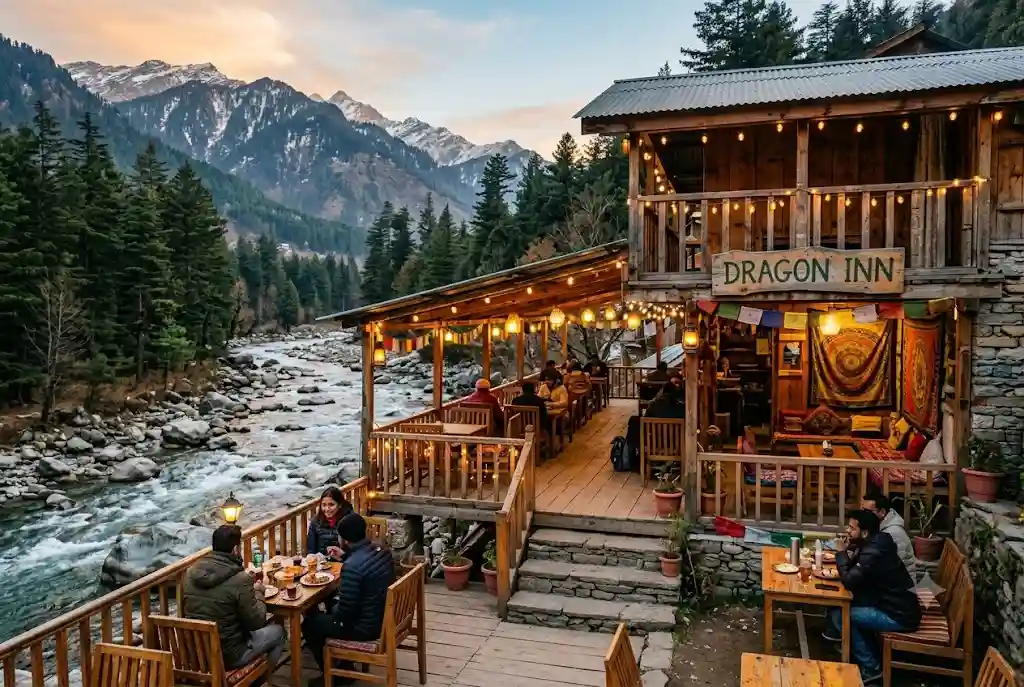Riverside cafe in Old Manali with bohemian vibe
