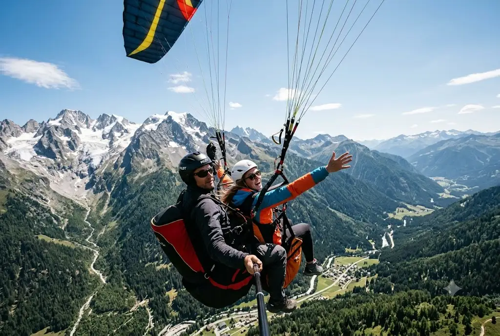 Tourist enjoying paragliding in Manali with Himalayan peaks in the background