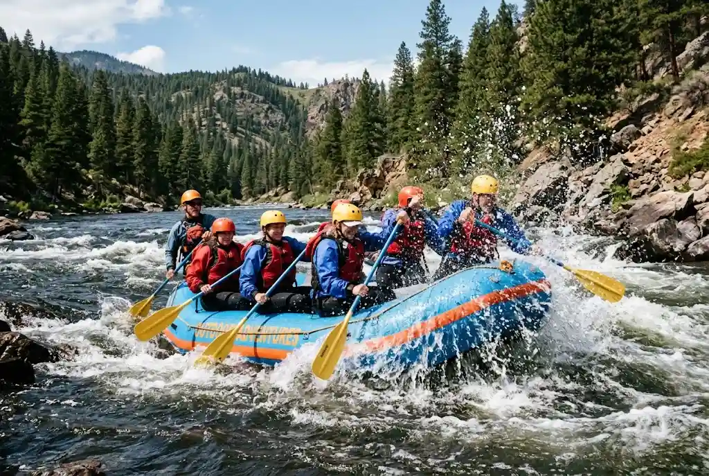 Group enjoying river rafting in Manali on the Beas river near Pirdi