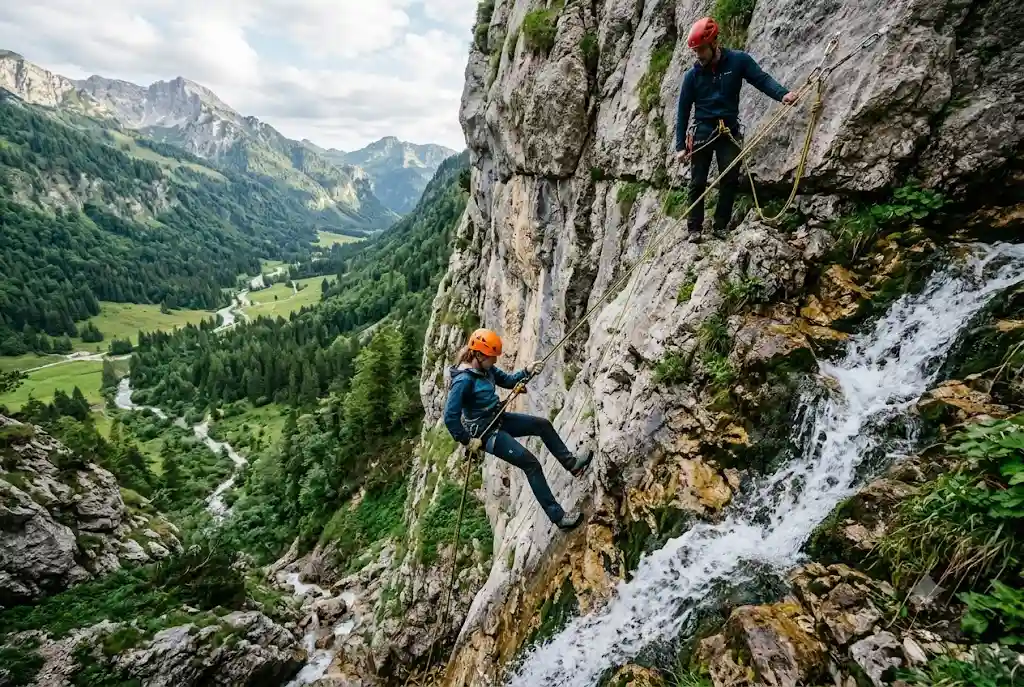 Beginner rappelling down a rock face during rock climbing in Manali