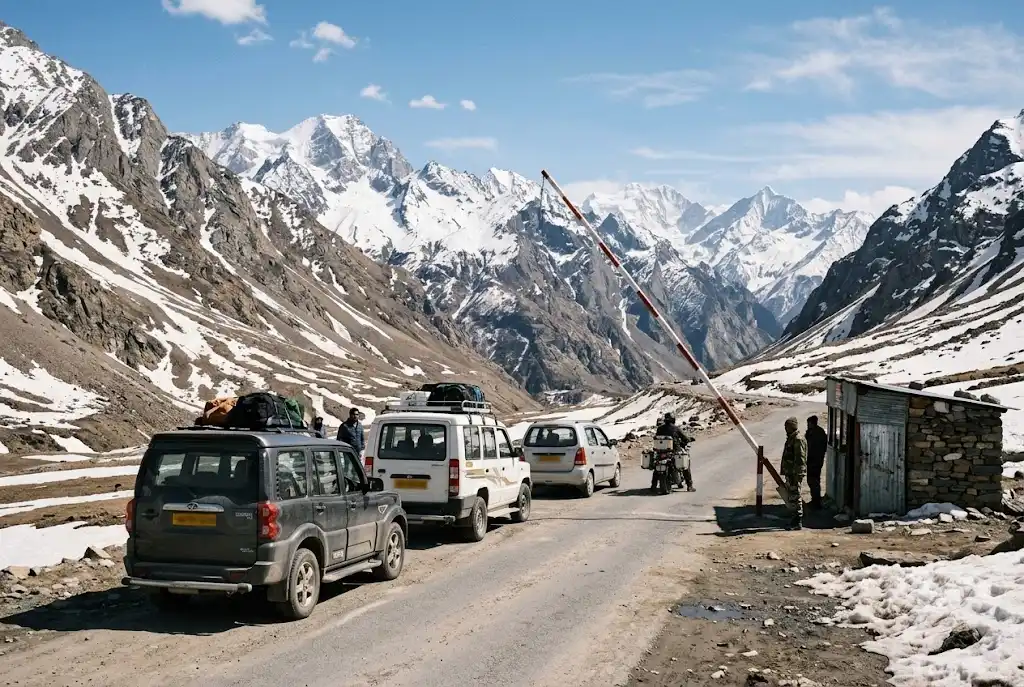 Mountain road checkpoint on the way to Rohtang Pass where a vehicle permit is required