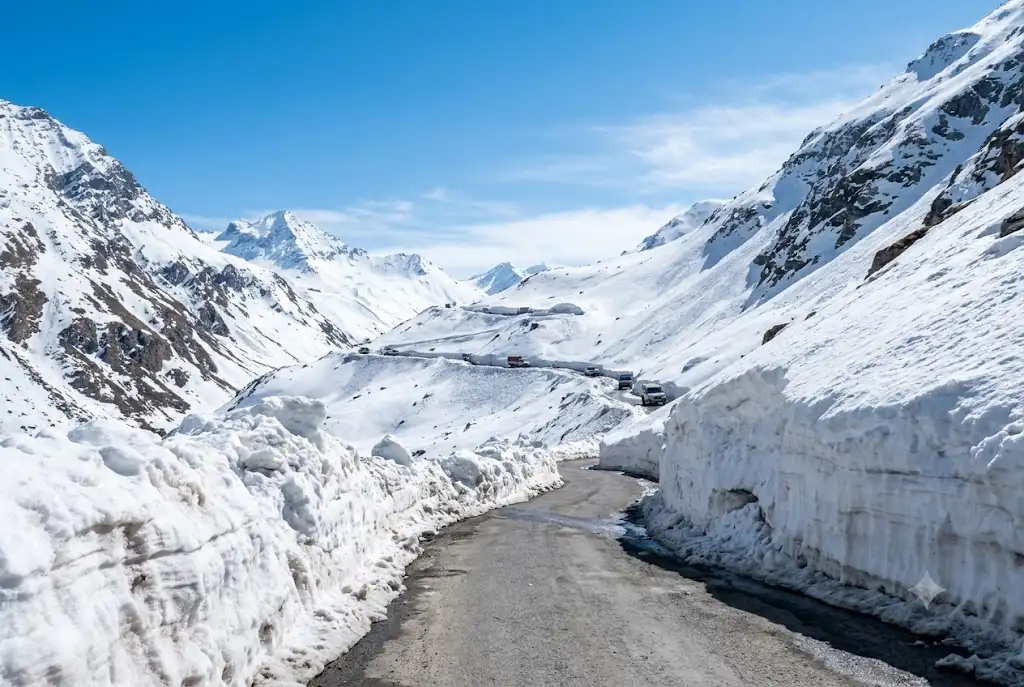 Snow-lined road near Rohtang Pass, where a vehicle permit is needed as part of Manali entry fees