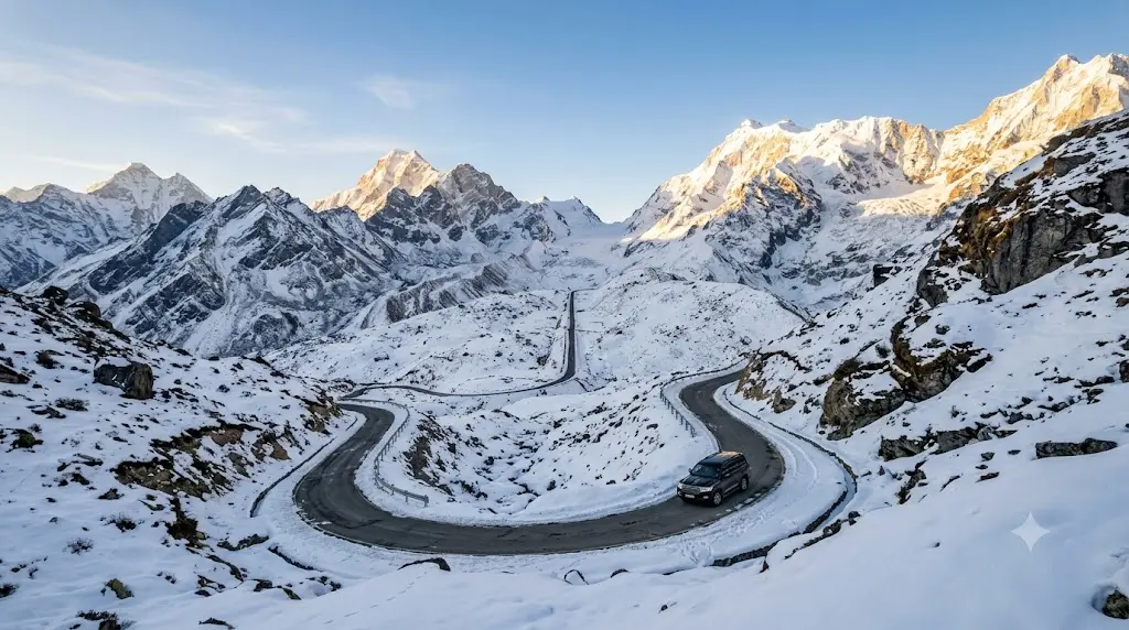 Rohtang Pass permit guide: snowy mountain road near Manali with a car heading to the pass