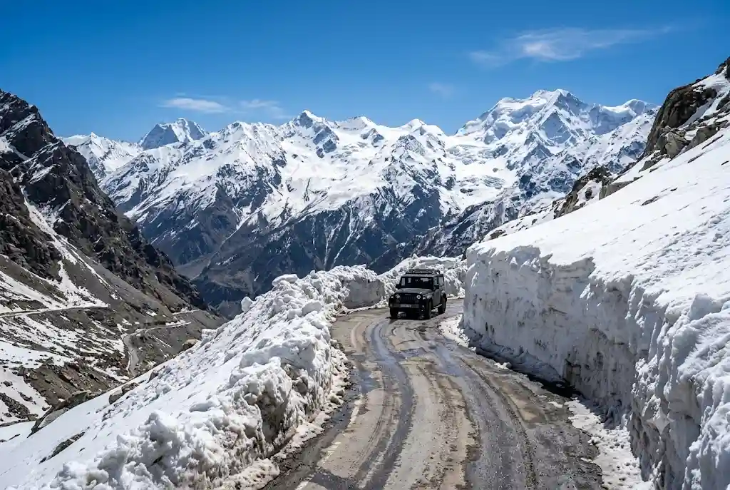 Snow-lined road on Rohtang Pass near Manali