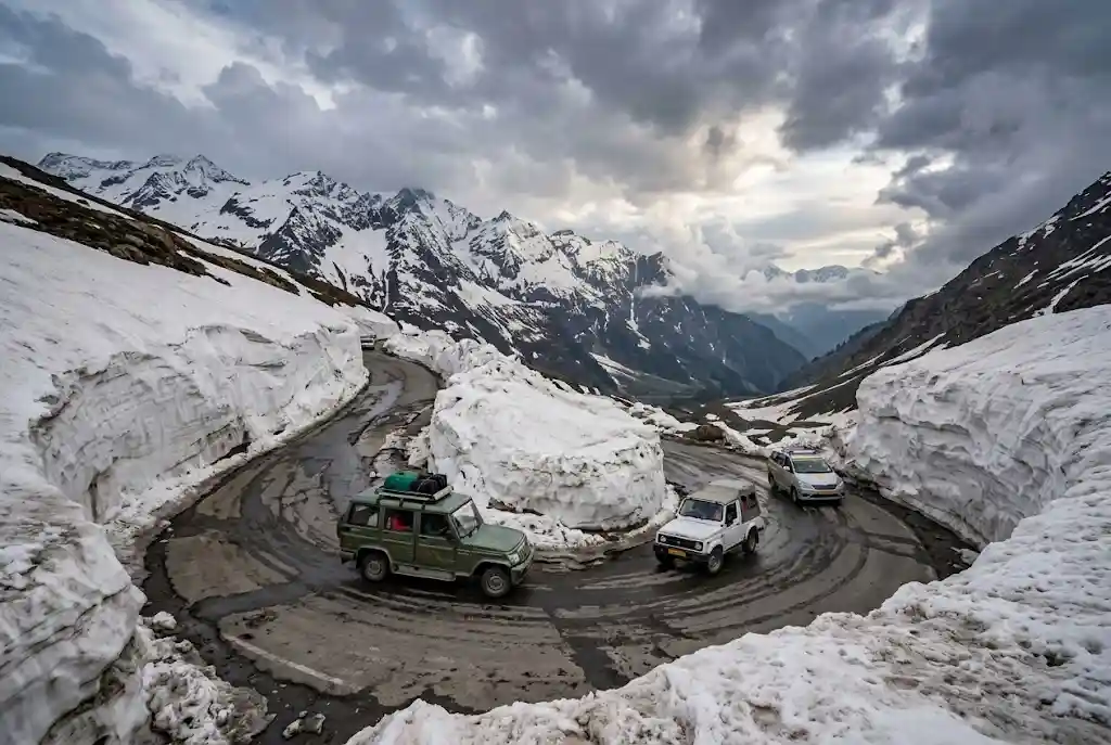Snow-covered road at Rohtang Pass, a must visit place near Manali