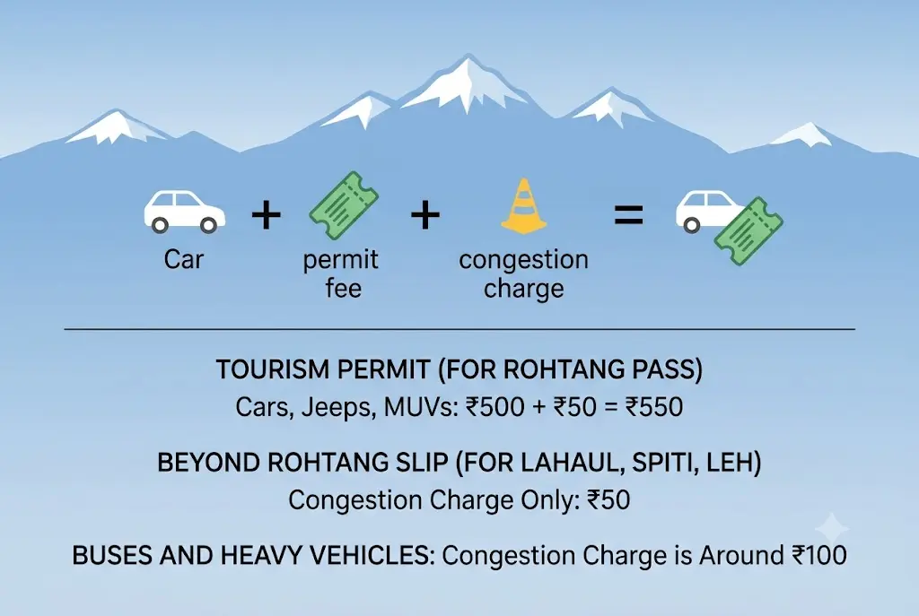 Rohtang permit price breakdown showing permit fee plus congestion charge for a car