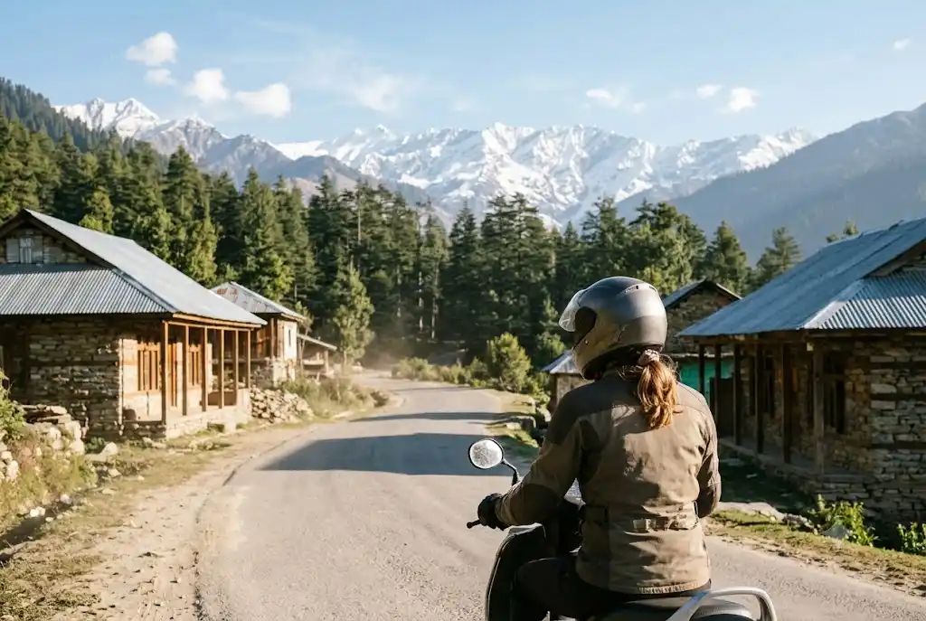 Tourist riding a rented scooty through a village road near Vashisht in Manali