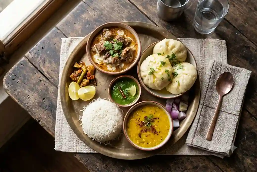 Himachali food in Shimla: Chha Gosht, siddu with ghee, dal and rice served on a thali