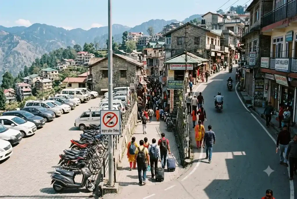 Pedestrian-only Mall Road entrance in Shimla with nearby parking area for tourists