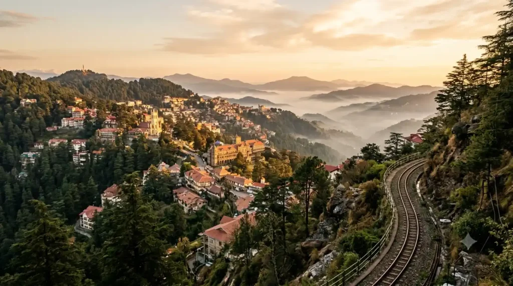 Shimla hill town at sunrise with pine hills and colonial buildings, featured image for Shimla travel guide