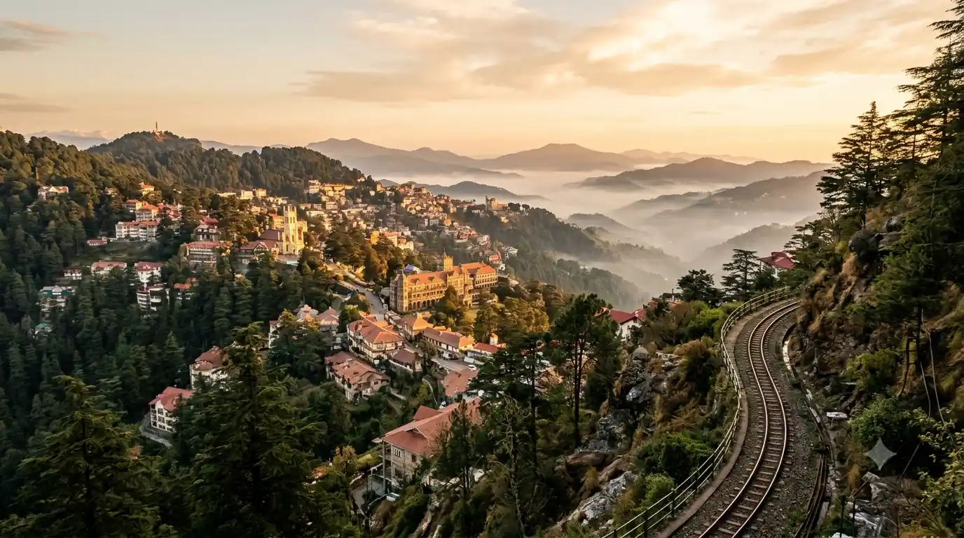 Shimla hill town at sunrise with pine hills and colonial buildings, featured image for Shimla travel guide