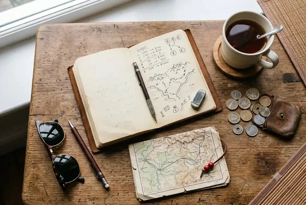 Budget planning notebook and map for a couple’s Shimla trip