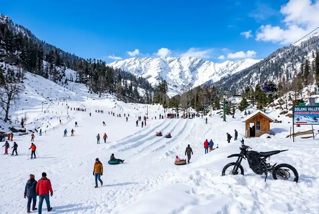 Skiing, snow tubing and snow bike activities in Manali during winter
