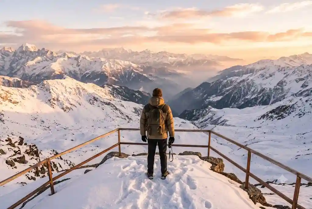 Traveler enjoying a snowy valley view while planning a Manali winter trip