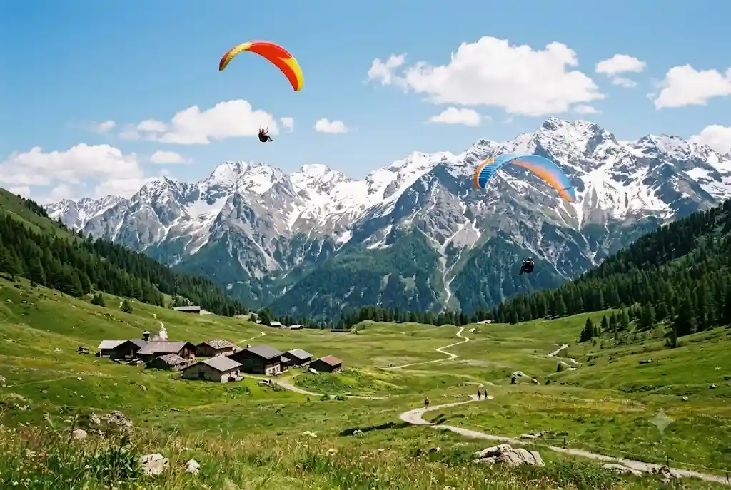 Solang Valley Manali meadows with paragliders above snow-dusted peaks