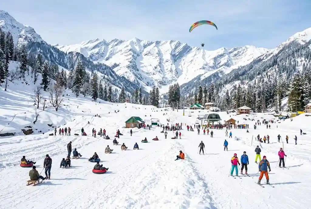 Tourists enjoying snow activities in Solang Valley during Manali snowfall